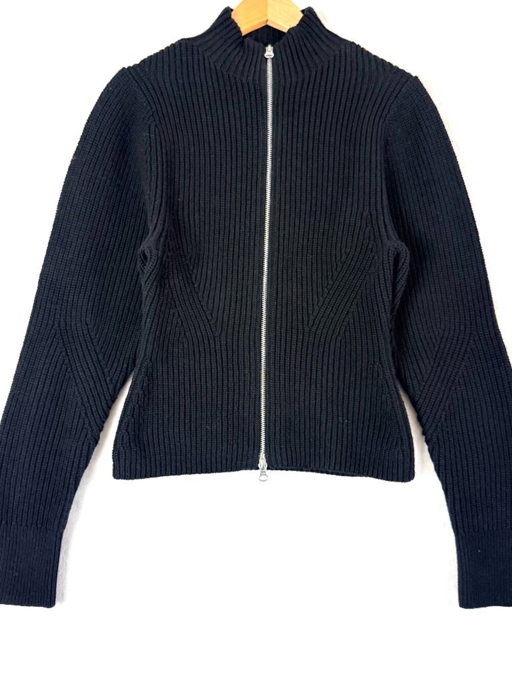 & Other Stories Wool Cotton Ribbed High Neck Full Zip Sweater XS Black Chunky